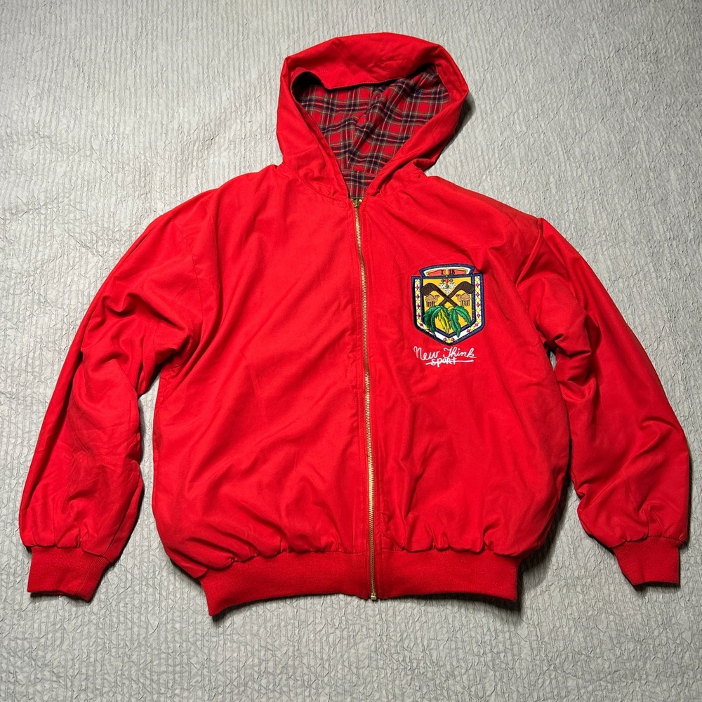 Vintage New Think Sport Hooded Jacket Red Plaid Lined Embroidered Crest Mens L